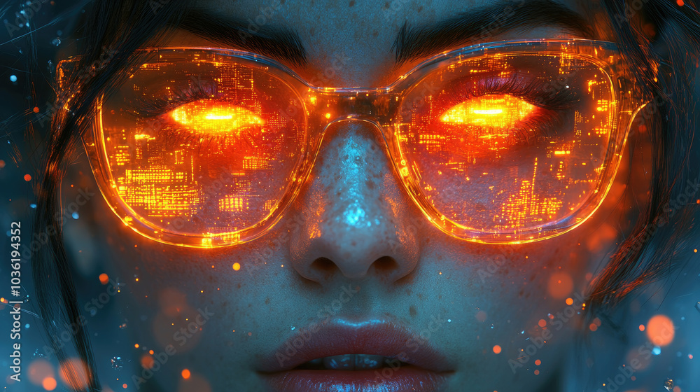 A young woman with vibrant orange glasses reflects a complex digital scene, embodying a futuristic atmosphere filled with technology A young woman with vibrant orange glasses reflects a complex digital scene, embodying a futuristic atmosphere filled with technology