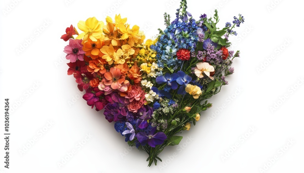 Colorful heart-shaped arrangement of flowers on a white background Colorful heart-shaped arrangement of flowers on a white background