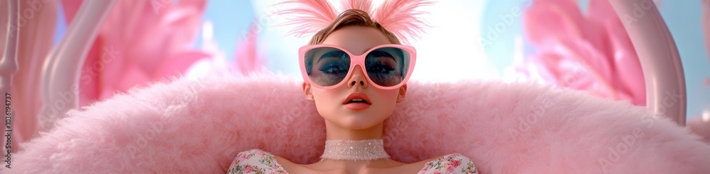 Young woman in oversized pink sunglasses and feathered headpiece exudes playful elegance, AI Young woman in oversized pink sunglasses and feathered headpiece exudes playful elegance, AI