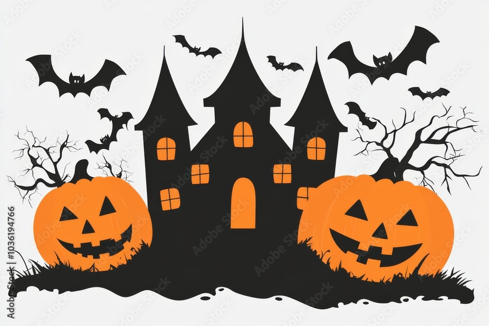 Silhouette of a haunted house with bats and jack o lanterns blending spooky Halloween charm with minimalist design on a light gray background Silhouette of a haunted house with bats and jack o lanterns blending spooky Halloween charm with minimalist design on a light gray background