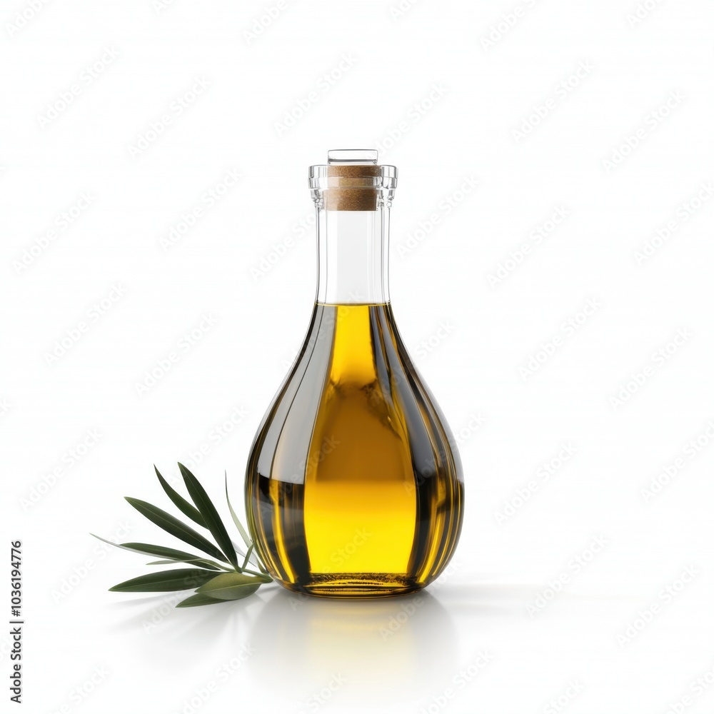 Olive Oil in Elegant Glass Bottle on White Background Olive Oil in Elegant Glass Bottle on White Background