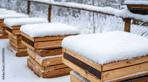 Snow-covered beehives line a quiet path in a serene winter forest, surrounded by trees shimmering with frost