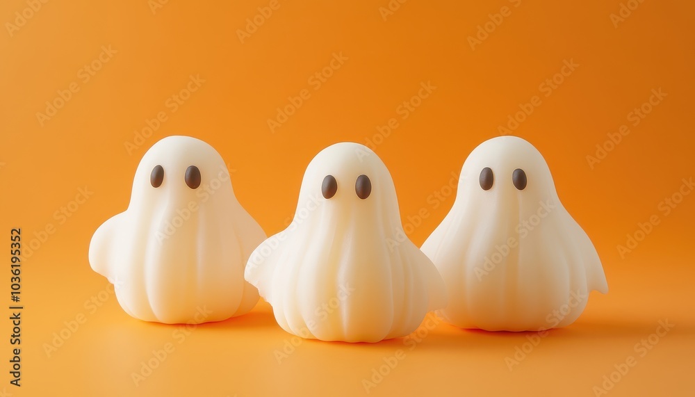 Cute ghost-shaped treats on a bright orange background in autumn celebration Cute ghost-shaped treats on a bright orange background in autumn celebration