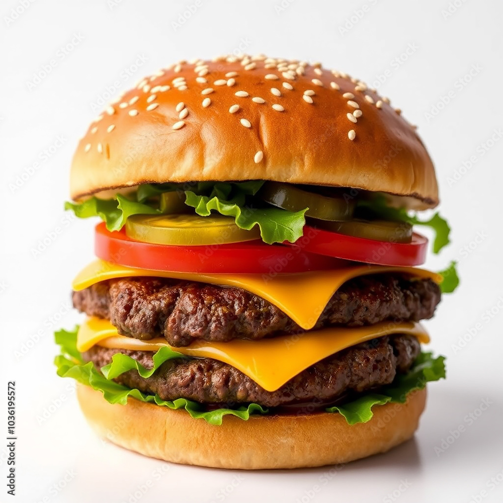 Classic beef burger with cheese, lettuce, tomato, and pickles on white background Classic beef burger with cheese, lettuce, tomato, and pickles on white background