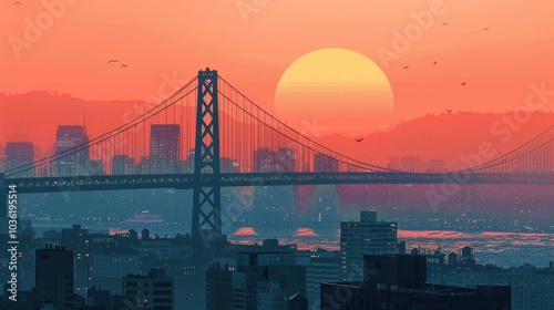 A cityscape with a famous bridge, an iconic landmark connecting different parts of the city