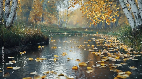  Stream runs through forest with yellow leaves on trees and ground