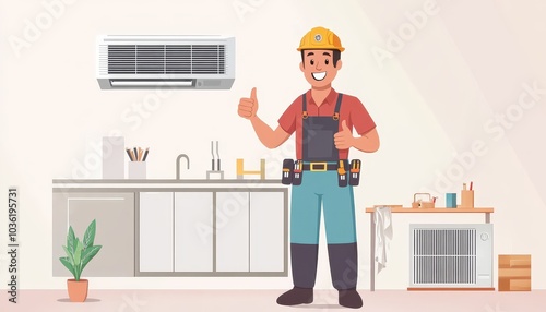 A cheerful technician installs an air conditioning unit in a modern kitchen