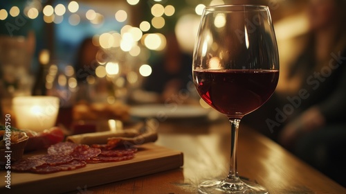 A glass of red wine beside a charcuterie board in a cozy dining setting.