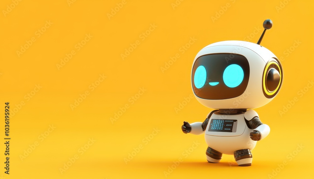 Cute robot character with glowing eyes standing on a bright yellow background Cute robot character with glowing eyes standing on a bright yellow background