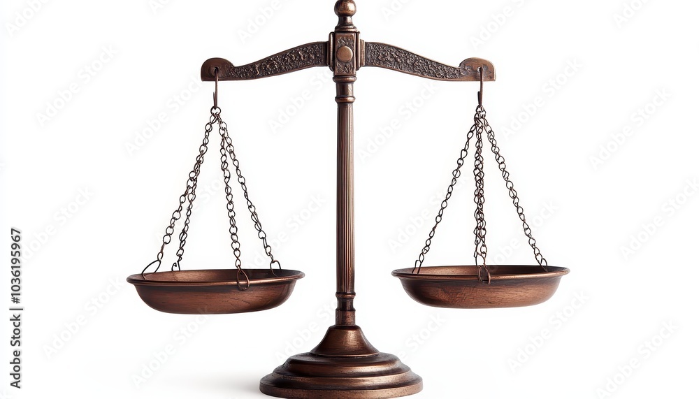 A balanced scale representing justice in a law setting A balanced scale representing justice in a law setting