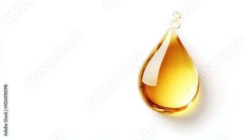 Golden oil droplet on a white background showcasing purity and texture details