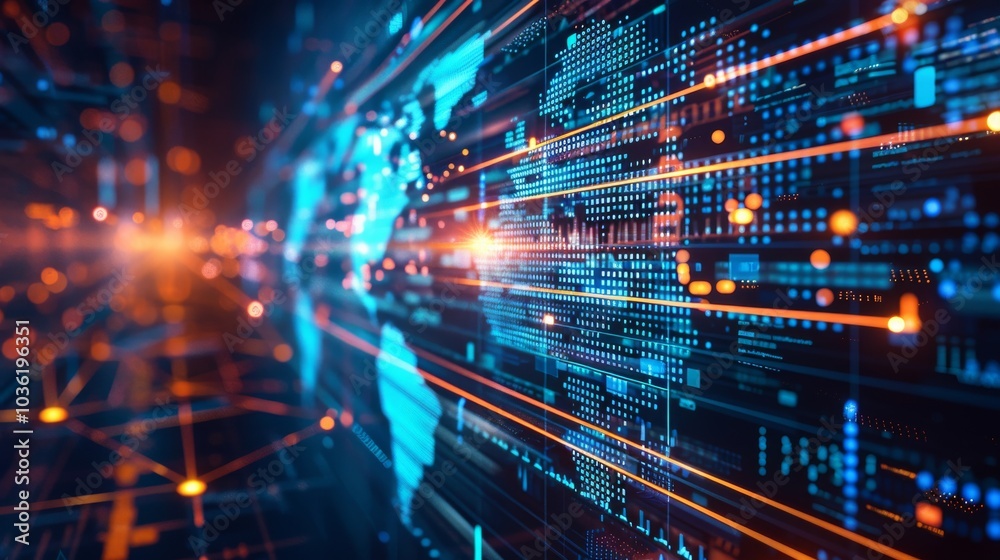 Digital world with a grid of data lines showing global telecommunication and IoT Digital world with a grid of data lines showing global telecommunication and IoT
