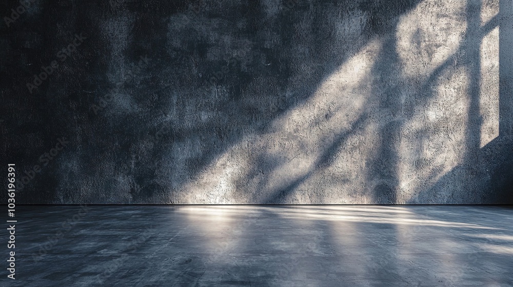 A sparse chamber featuring a gray masonry wall and beams of light seeping in through the casement, creating a lengthy shadow on the ground A sparse chamber featuring a gray masonry wall and beams of light seeping in through the casement, creating a lengthy shadow on the ground