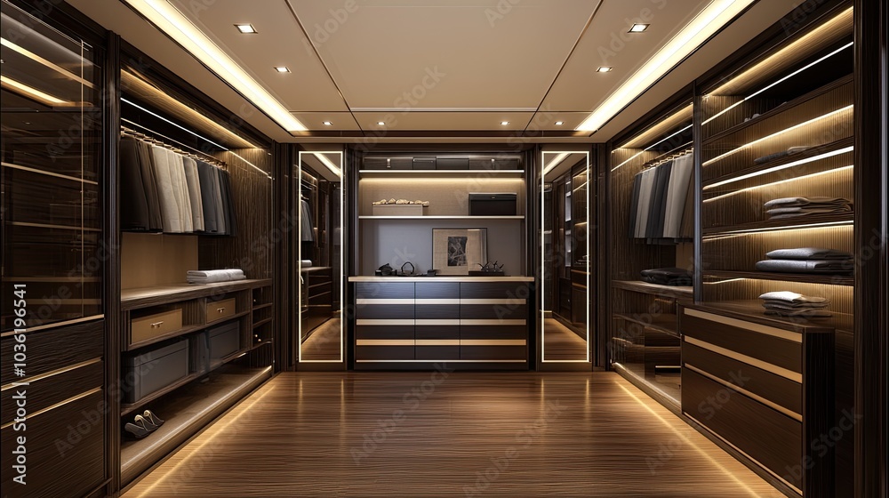 Naklejka premium Stylish beige outerwear hangs neatly in a contemporary dressing room featuring sleek, modern storage solutions