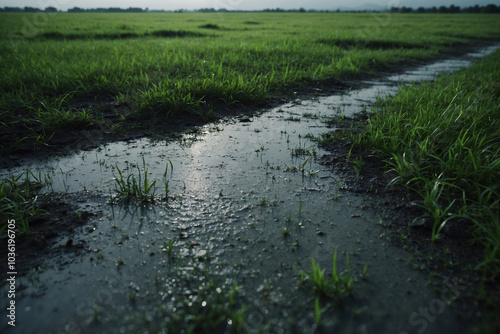 The grass plains are green during the rainy season, there are puddles of water