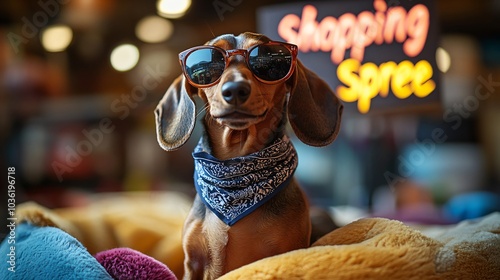 Shopping concept with dog in sunglasses