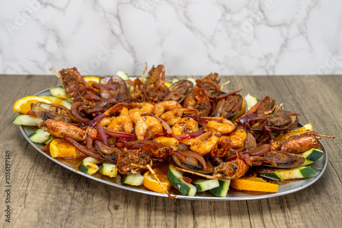 Delicious looking shellfish dish full of shrimp, crawfish, and mussels for an excellent Mexcian seafood meal