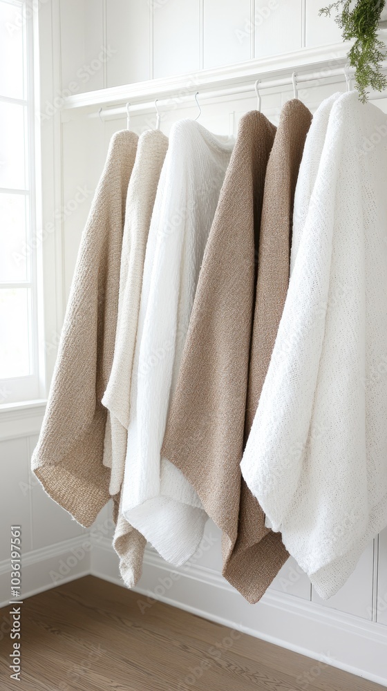 Stylish beige outerwear hangs neatly in a contemporary dressing room featuring sleek, modern storage solutions Stylish beige outerwear hangs neatly in a contemporary dressing room featuring sleek, modern storage solutions