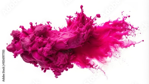 Pink paint is splashing and forming abstract shapes on a white background