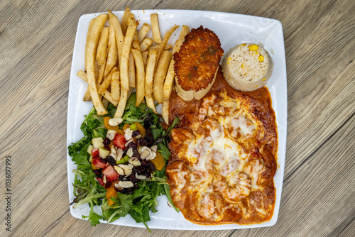Bild auf Leinwand Overhead view of delicious looking shrimp dish smothered in cheese served with r
