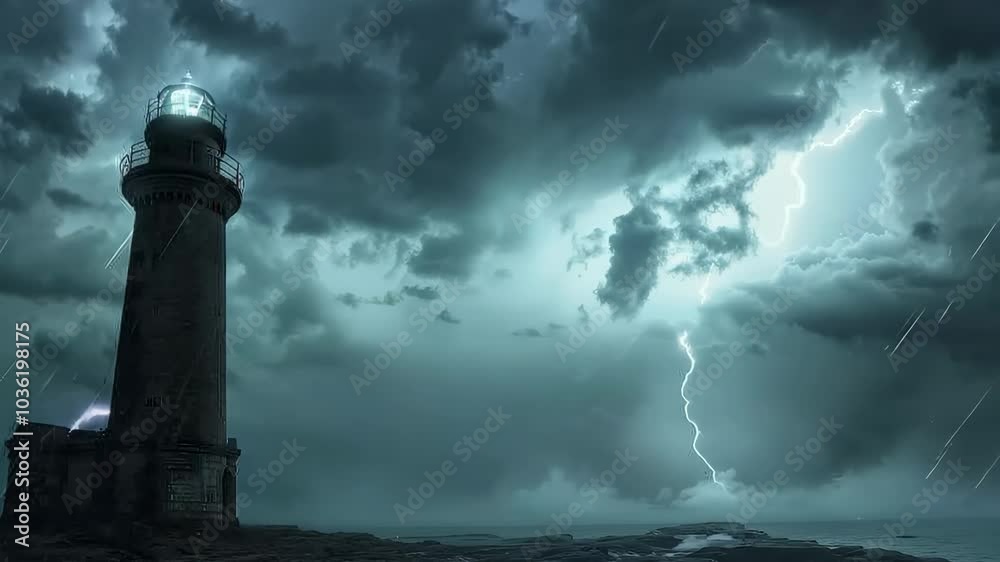 Thunderstorm rain shower over coastal lighthouse, Video Thunderstorm rain shower over coastal lighthouse, Video