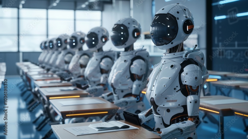 Fototapeta premium A row of robots sit in a classroom setting, learning and taking notes.