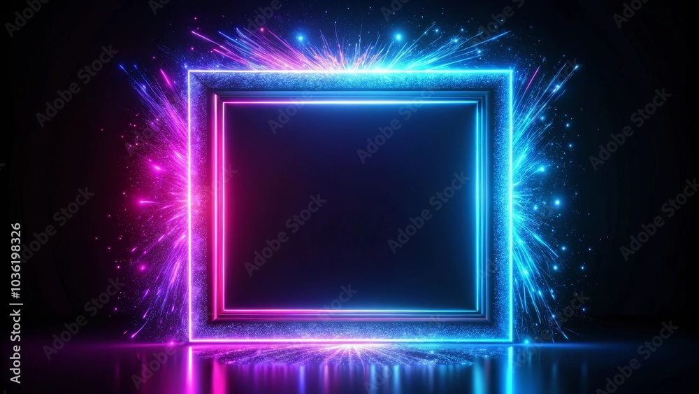 Neon frame glowing with blue and purple lights on dark background with copy space at the center Neon frame glowing with blue and purple lights on dark background with copy space at the center