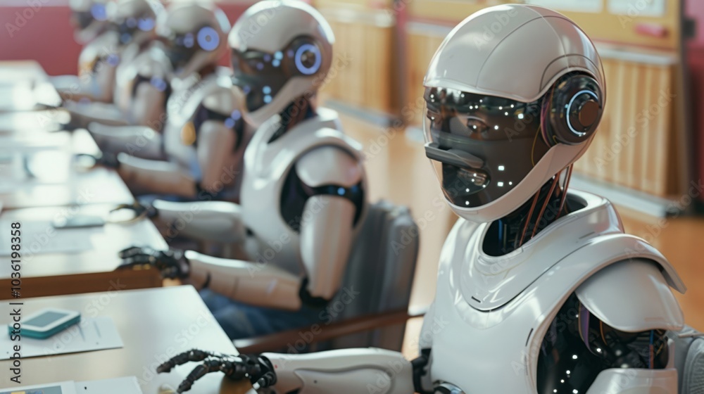 Fototapeta premium A row of white humanoid robots sit at desks, looking like students in a classroom setting.