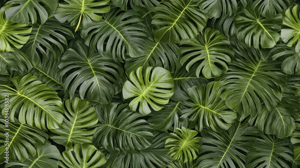 A vibrant arrangement of green palm leaves creating a seamless tropical pattern set against a contrasting black background A vibrant arrangement of green palm leaves creating a seamless tropical pattern set against a contrasting black background