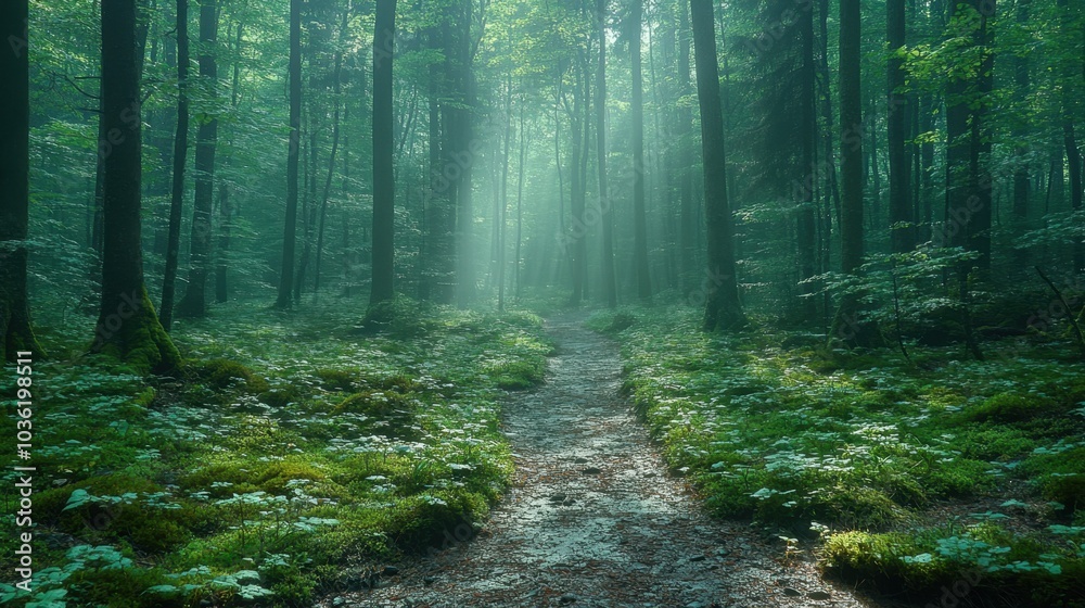 Obraz premium Pristine forest trail, serene atmosphere, gentle illumination, inviting journey through nature's embrace