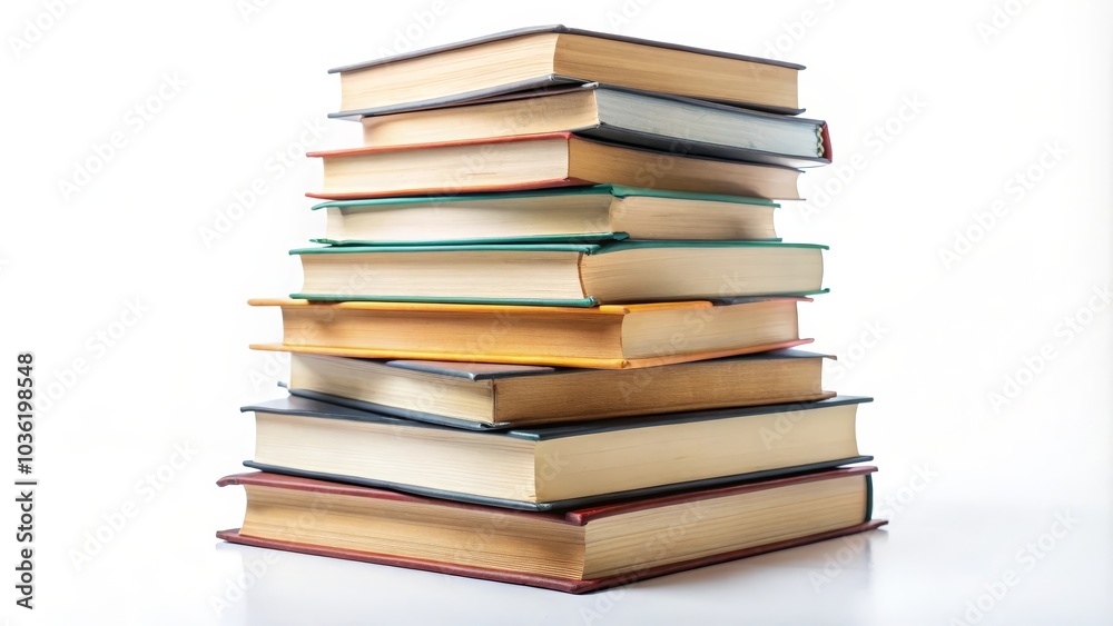 Tall stack of hardcover books with colorful covers is sitting on a white surface Tall stack of hardcover books with colorful covers is sitting on a white surface