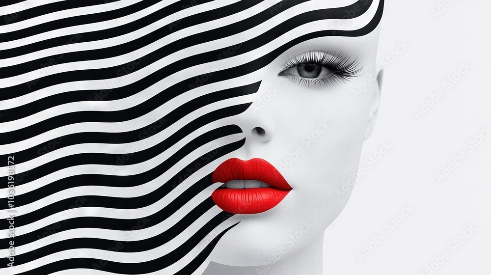 Obraz premium Striped woman with bold red lipstick