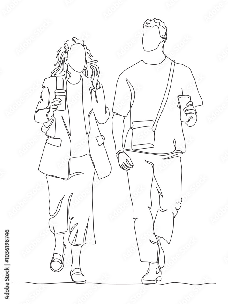 Couple talking walking holding drink. Continuous line drawing. Black and white vector illustration in line art style. Couple talking walking holding drink. Continuous line drawing. Black and white vector illustration in line art style.