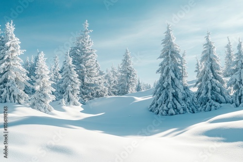 Beautiful landscape with snow covered fir trees and snowdrifts.Merry Christmas and happy New Year greeting background with copy-space.Winter fairytale , ai