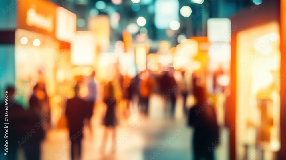 A blurred view of a bustling marketplace filled with people and illuminated displays. A blurred view of a bustling marketplace filled with people and illuminated displays.