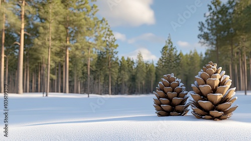Snow-dusted pine cones rest on evergreen branches, capturing the serene essence of a sunny winter day in the forest