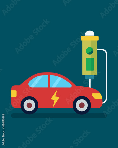 An electric car with a rechargeable battery eliminating the need for fossil fuels.. Vector illustration