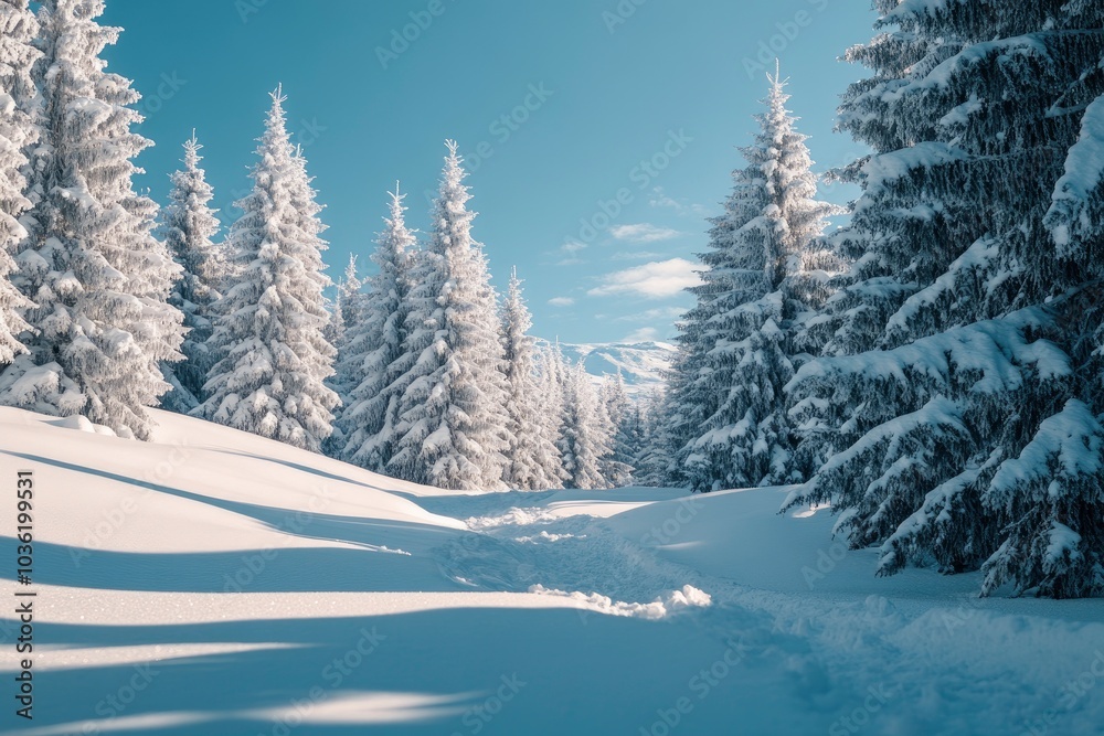 Beautiful landscape with snow covered fir trees and snowdrifts.Merry Christmas and happy New Year greeting background with copy-space.Winter fairytale , ai Beautiful landscape with snow covered fir trees and snowdrifts.Merry Christmas and happy New Year greeting background with copy-space.Winter fairytale , ai