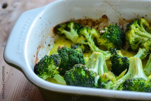 Broccoli florets are roasted in a white baking dish on a wooden table. Concept focuses on healthy food and cooking. For recipes or healthy eating blogs. photo