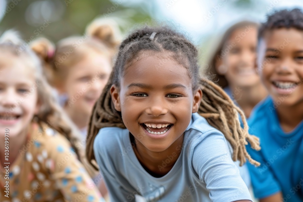 Portrait of happy african american girl smiling at camera in park Portrait of happy african american girl smiling at camera in park