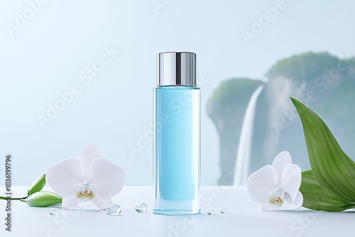 Elegant perfume bottle, clear blue liquid, surrounded by white orchids, serene waterfall background, minimalist design, purity and freshness, luxury fragrance, soft natural setting, copy space 