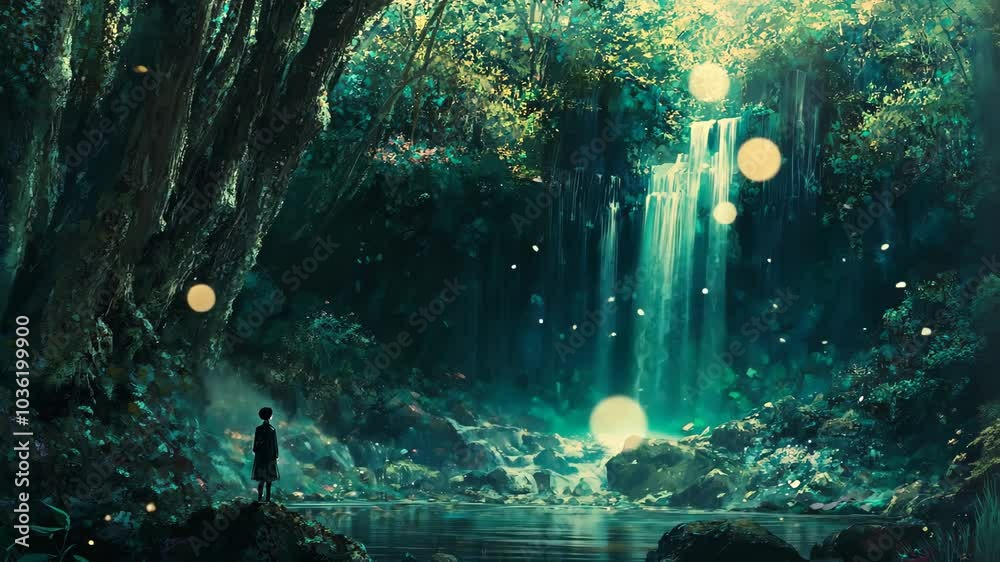 A lone figure stands by a waterfall in a magical forest, surrounded by ...