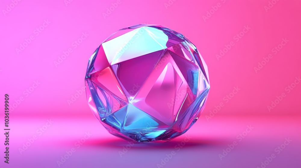 A blue and purple geometric sphere, rendered in 3D, against a pink background. A blue and purple geometric sphere, rendered in 3D, against a pink background.