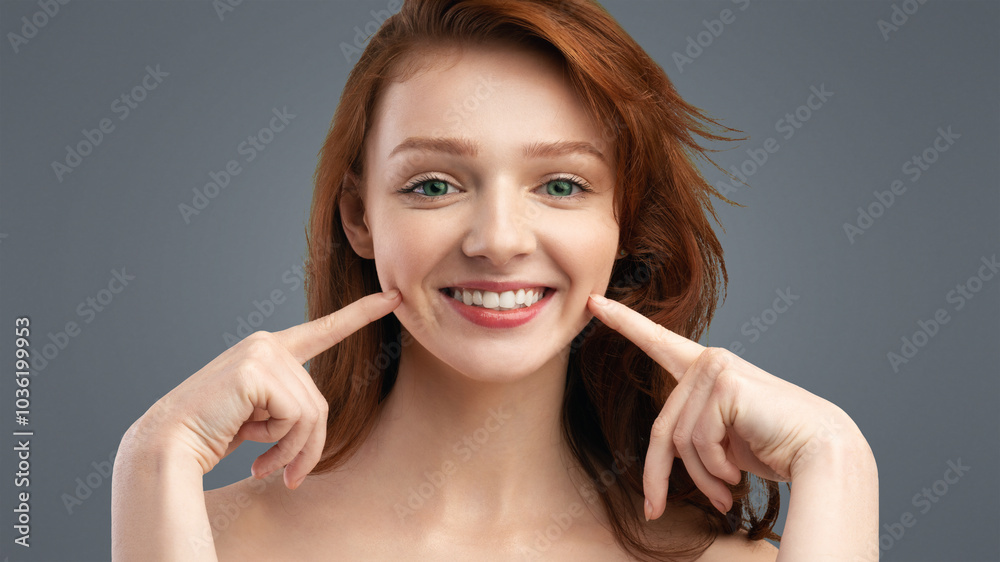 Smile. Beautiful Cheerful Red-Haired Young Lady Touching Dimples In Her Cheeks Smiling To Camera Posing Shirtless Over White Studio Background. Positive Emotions, Female Beauty Portrait Concept Smile. Beautiful Cheerful Red-Haired Young Lady Touching Dimples In Her Cheeks Smiling To Camera Posing Shirtless Over White Studio Background. Positive Emotions, Female Beauty Portrait Concept