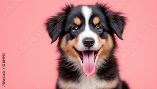 Funny and hungry Australian shepherd puppy dog eating and licking its lips with tongue. Isolated on pink pastel background on summer or spring season