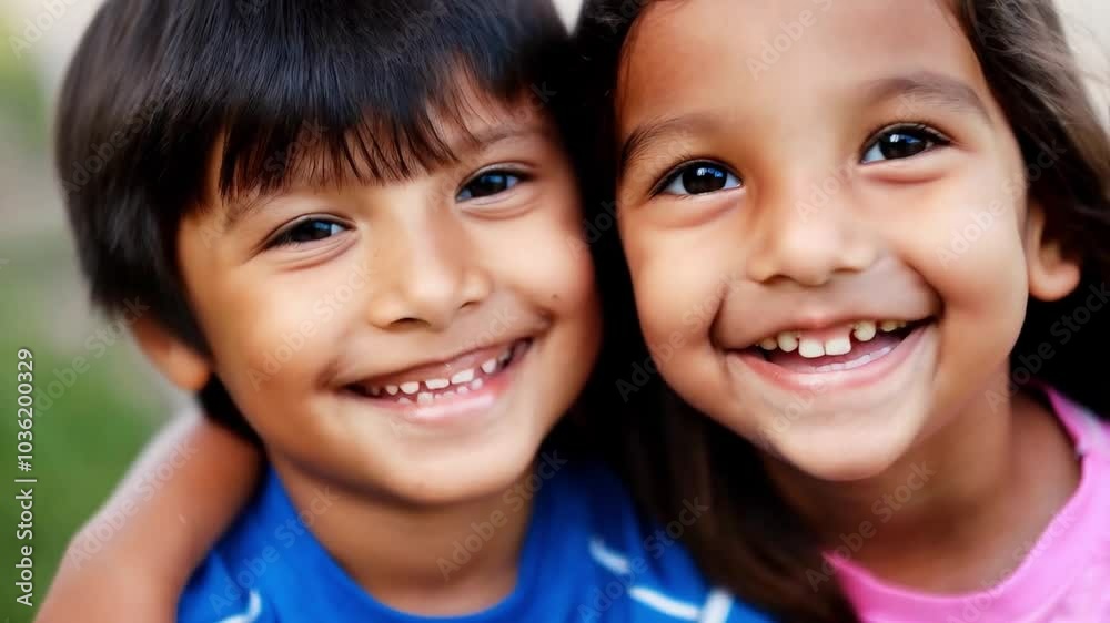 Smiling children, happy boy and girl, aged 8, share joyful moment together in close up. Smiling children, happy boy and girl, aged 8, share joyful moment together in close up.