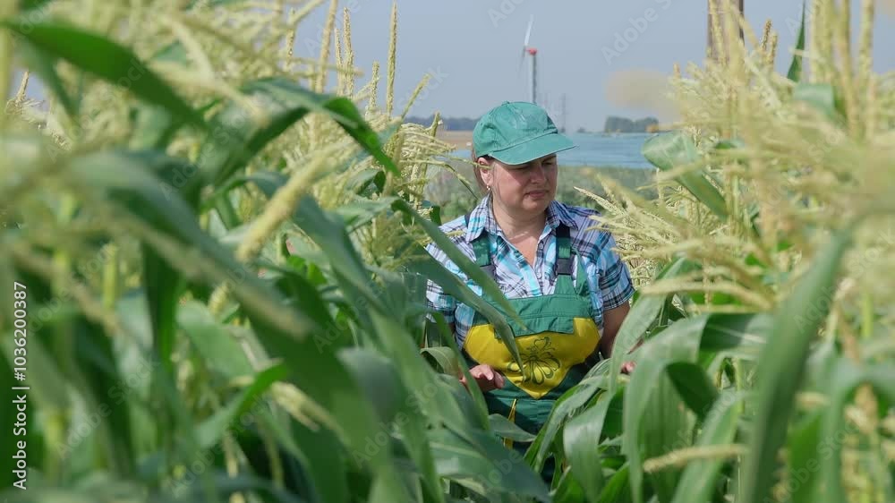 Female farmer is walking on the corn field and examining corn stems . High quality 4k footage Female farmer is walking on the corn field and examining corn stems . High quality 4k footage