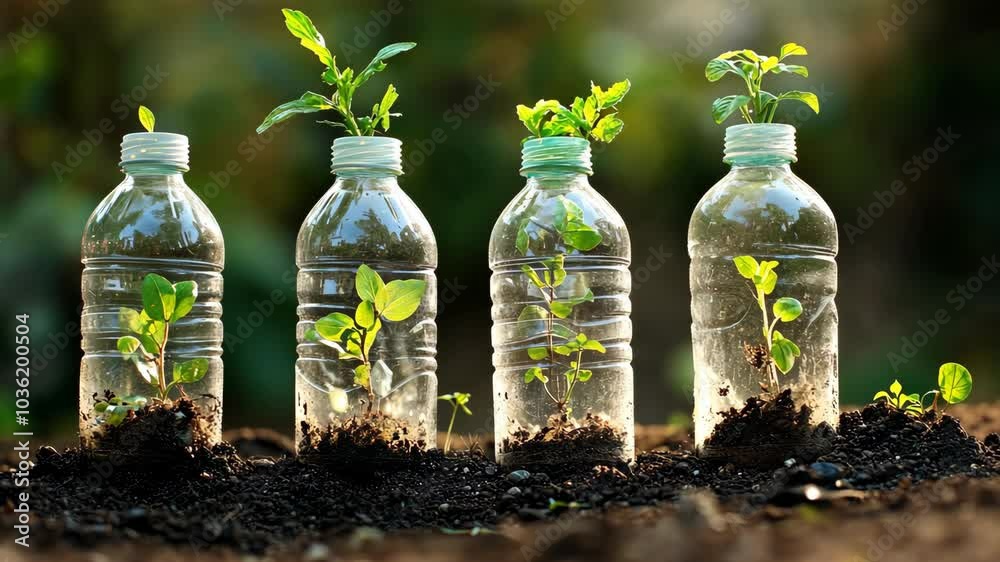Four small plants are growing in clear plastic bottles on a bed of dark soil Four small plants are growing in clear plastic bottles on a bed of dark soil