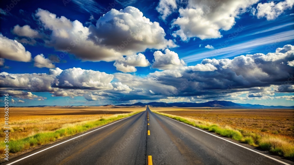 The sun is shining on an endless asphalt road disappearing into the far distance under a dramatic cloudscape The sun is shining on an endless asphalt road disappearing into the far distance under a dramatic cloudscape