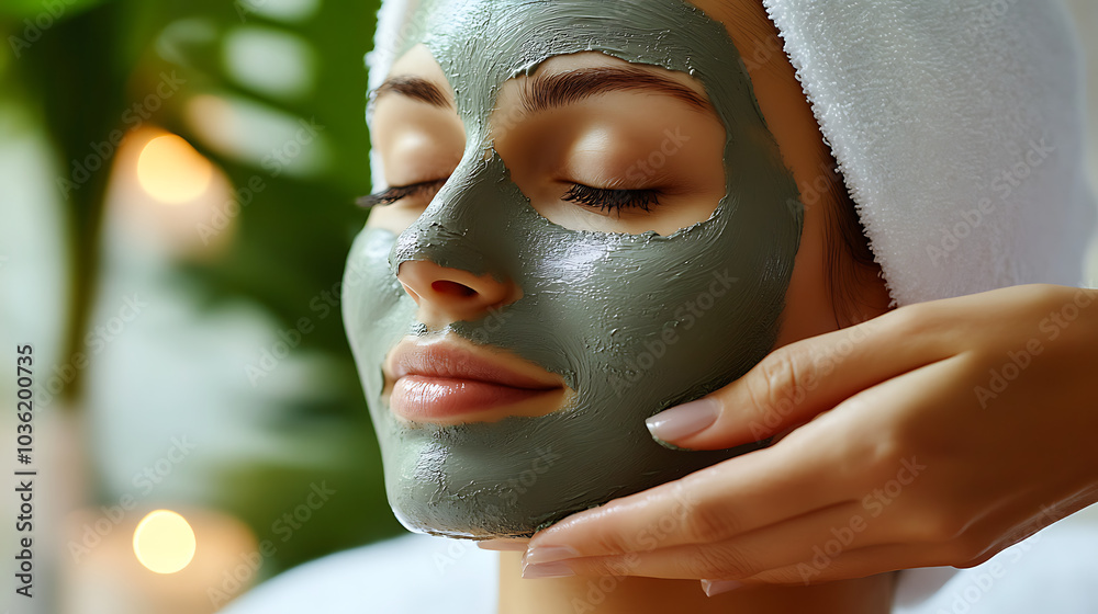 A woman is getting a facial with a green mask on her face A woman is getting a facial with a green mask on her face